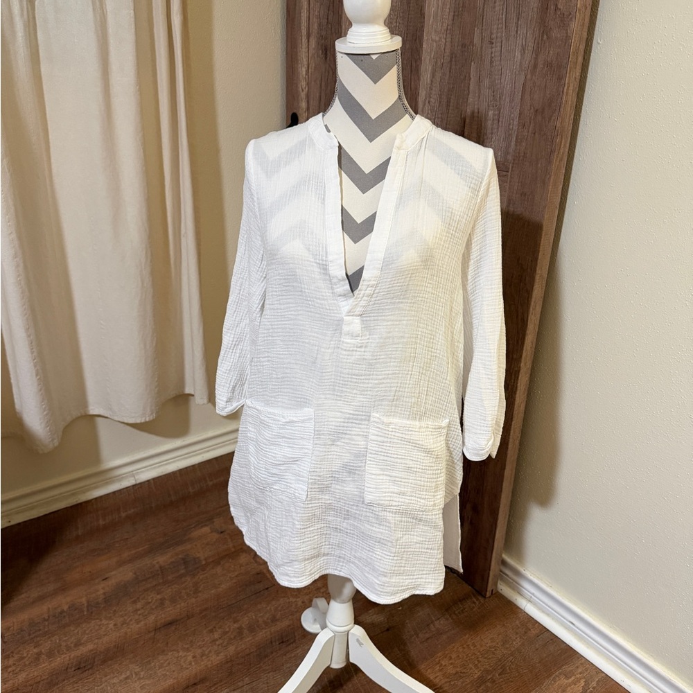 Beach cover up white cotton dress Small Kona Sol swimsuit cover up with pockets